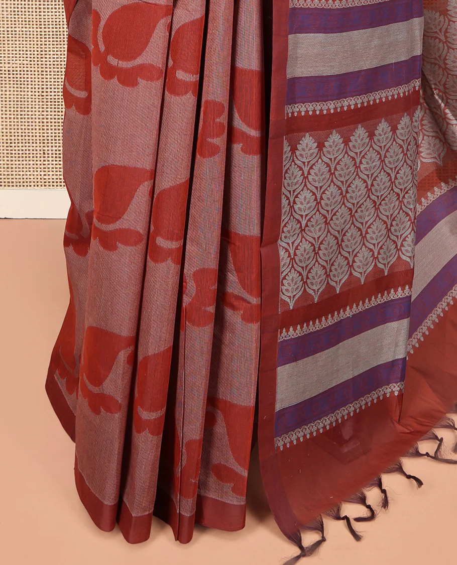 Brown Coimbatore Cotton Saree, Featuring Paisley Buttas on Its Body, a Contrast Border, Pallu of Ogee Design, and Paired with a Contrast Blouse - Image 3