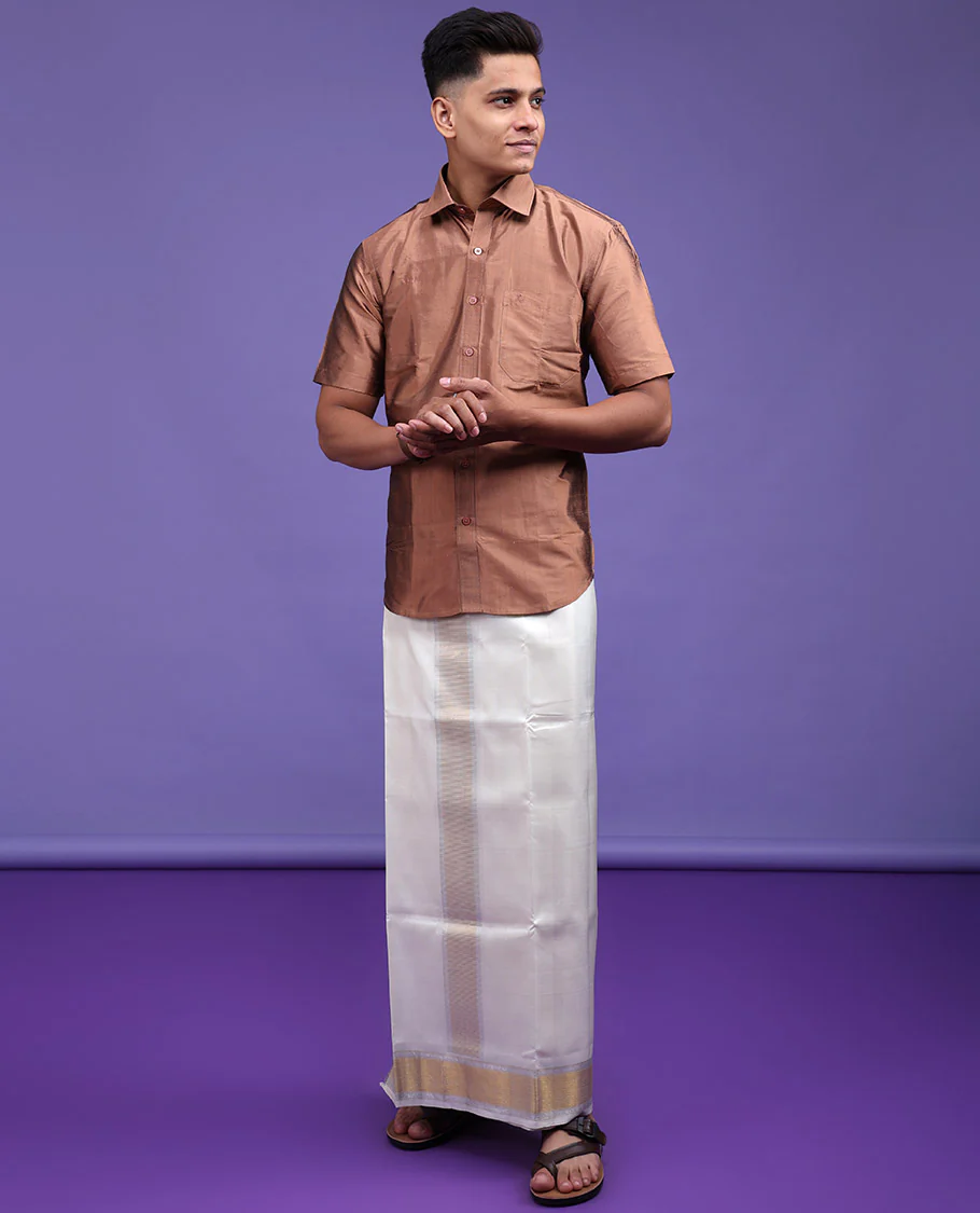 Brown color plain design half-sleeve pure-silk shirt - Image 16