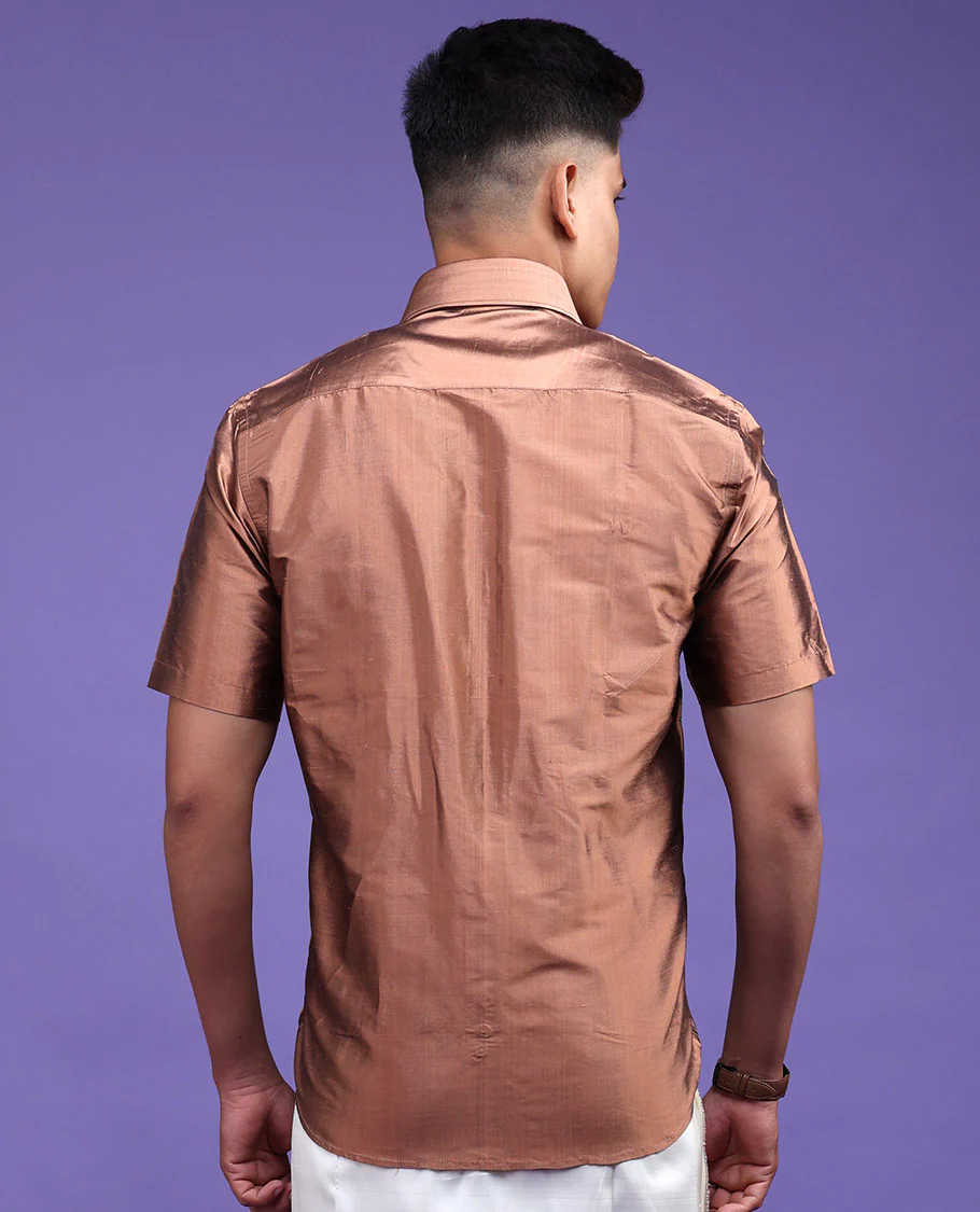 Brown color plain design half-sleeve pure-silk shirt - Image 18