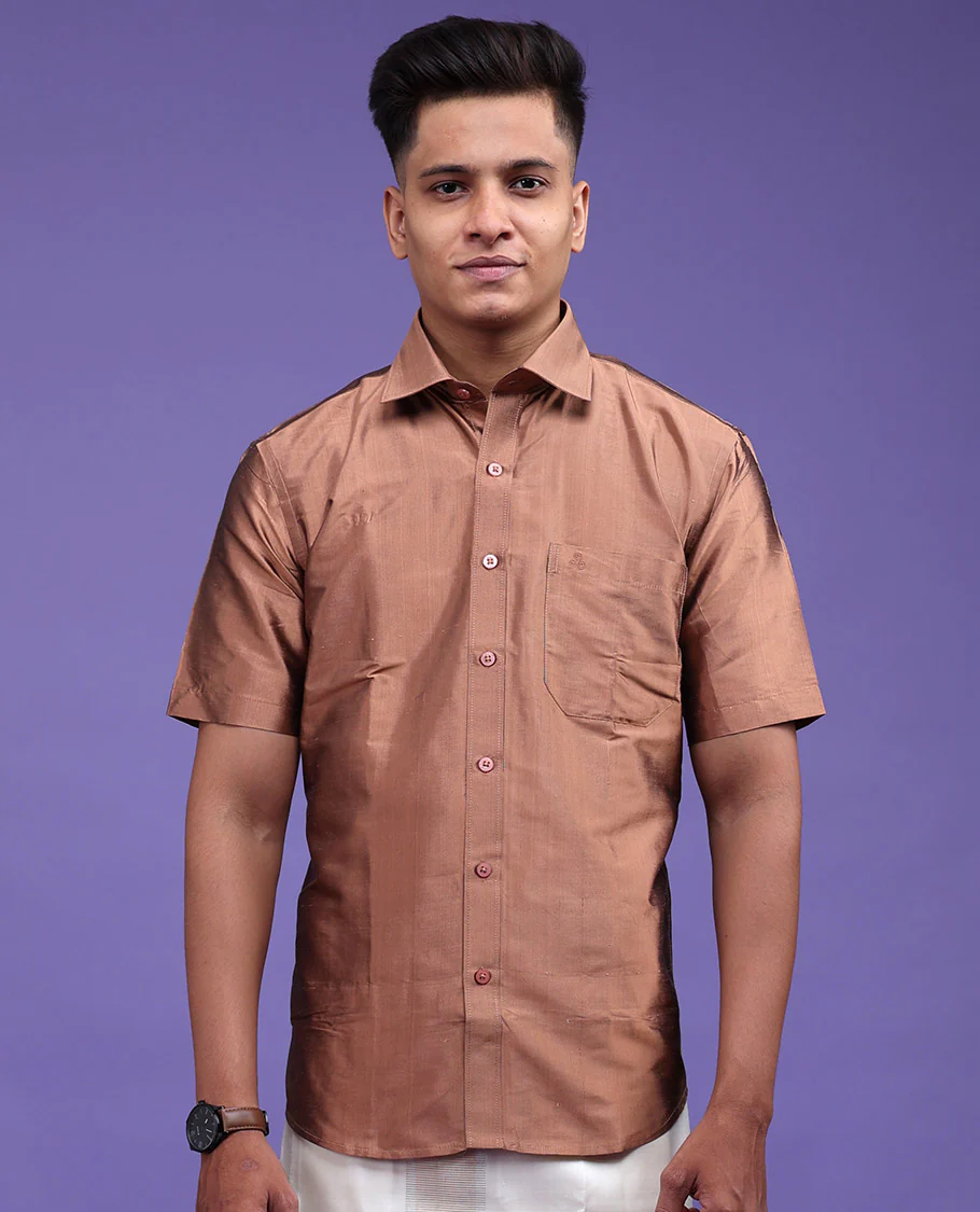 Brown color plain design half-sleeve pure-silk shirt - Image 19