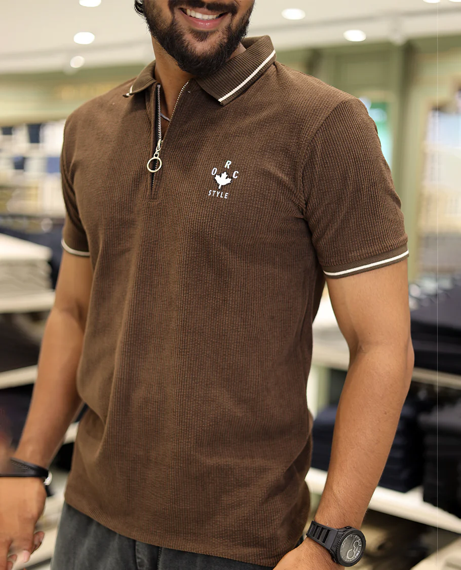 Brown Corduroy T-Shirt Comes with a Polo Neck, Half-Sleeves, a Slim Fit, and Regular Length - Image 5