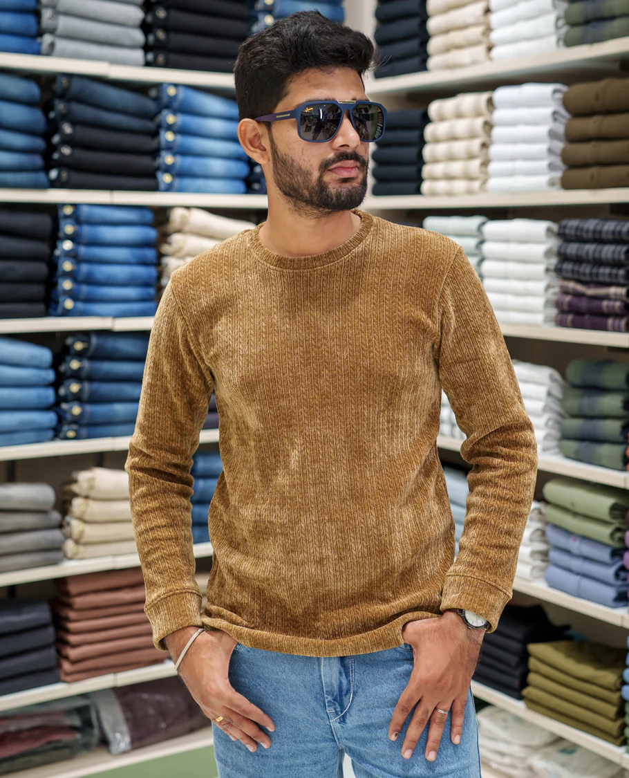 Brown Corduroy T-Shirt, Comes with Geometric Textures, a Crew-Neck, Full Sleeves, Slim Fit, and Regular Length