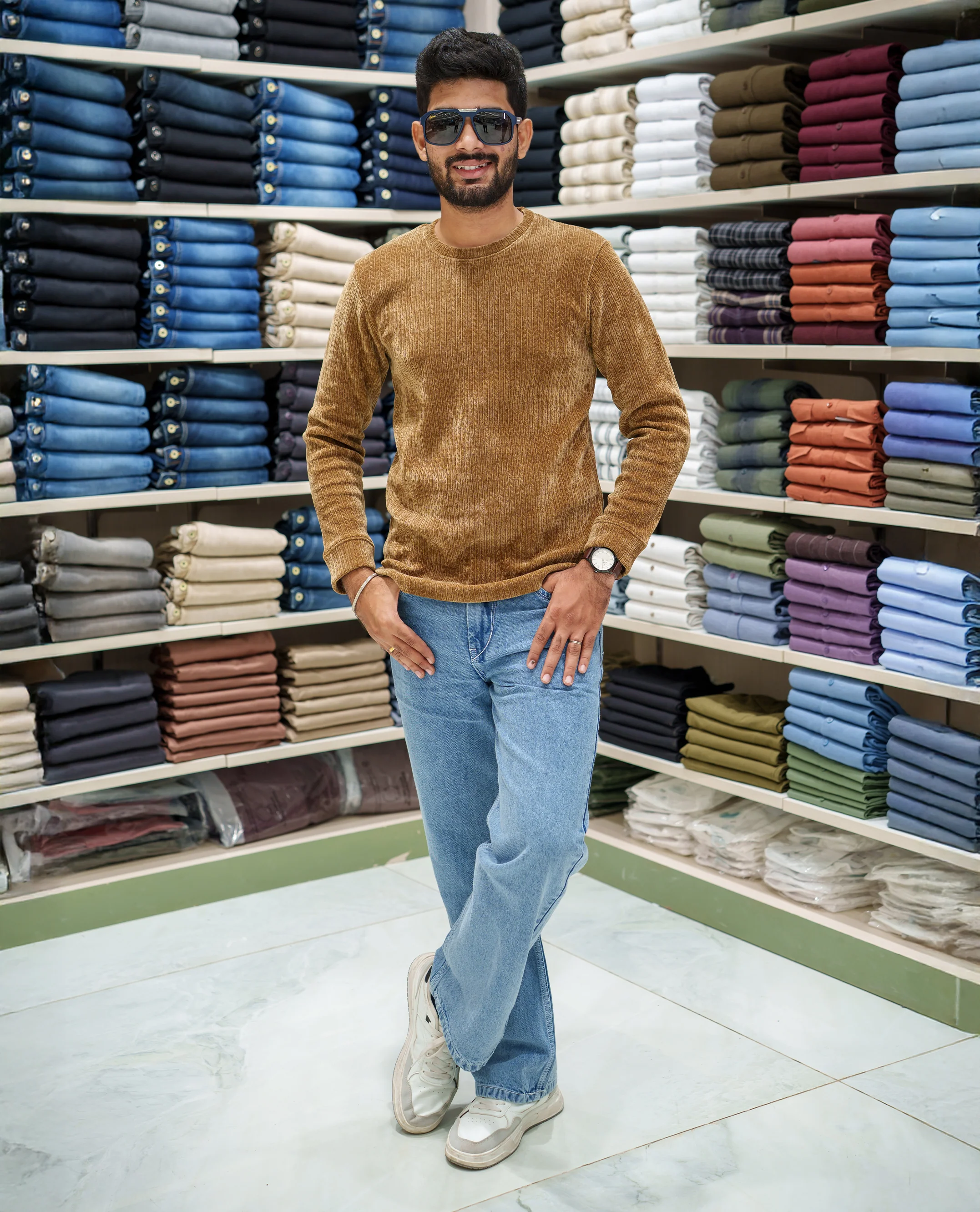 Brown Corduroy T-Shirt, Comes with Geometric Textures, a Crew-Neck, Full Sleeves, Slim Fit, and Regular Length - Image 2