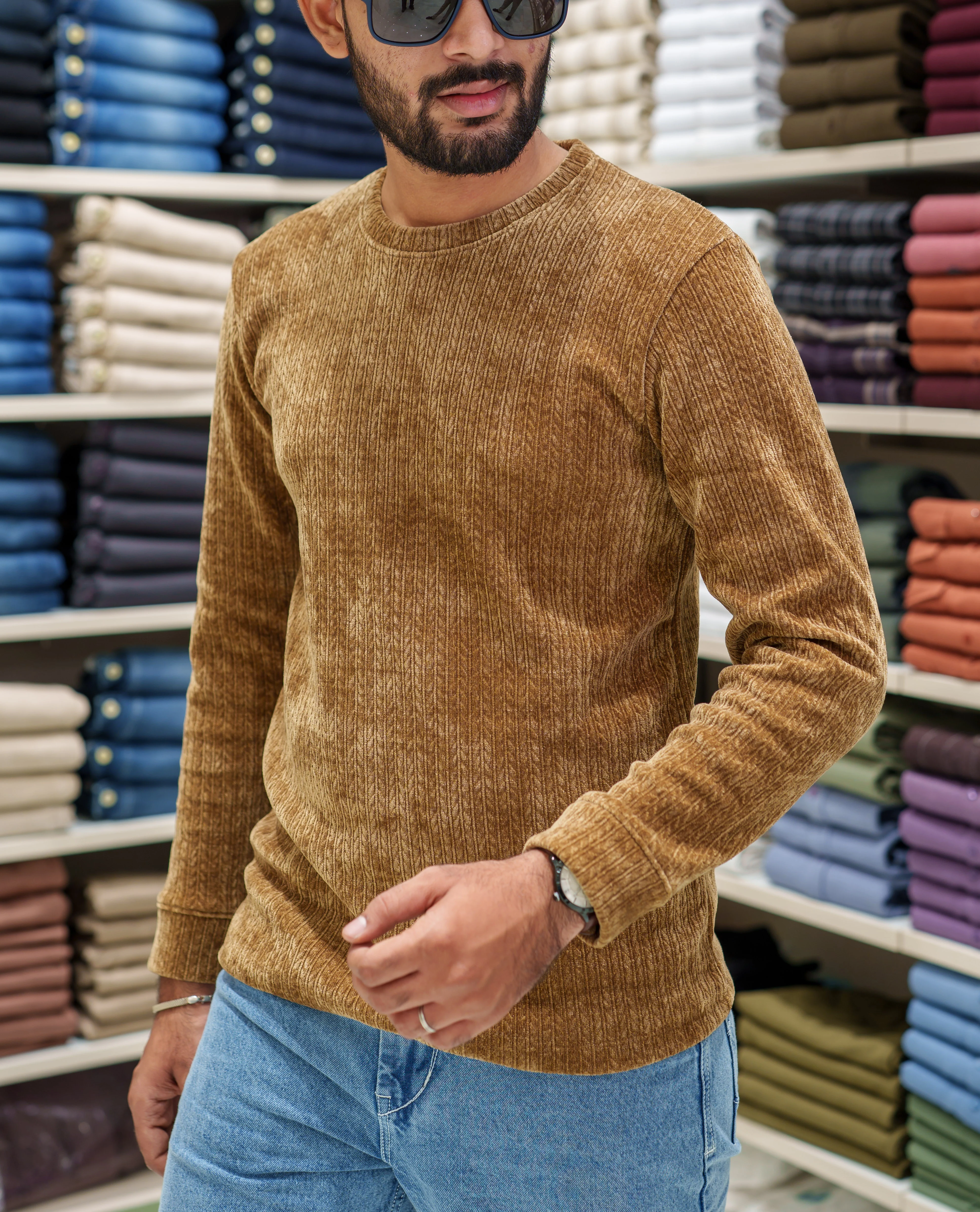 Brown Corduroy T-Shirt, Comes with Geometric Textures, a Crew-Neck, Full Sleeves, Slim Fit, and Regular Length - Image 3