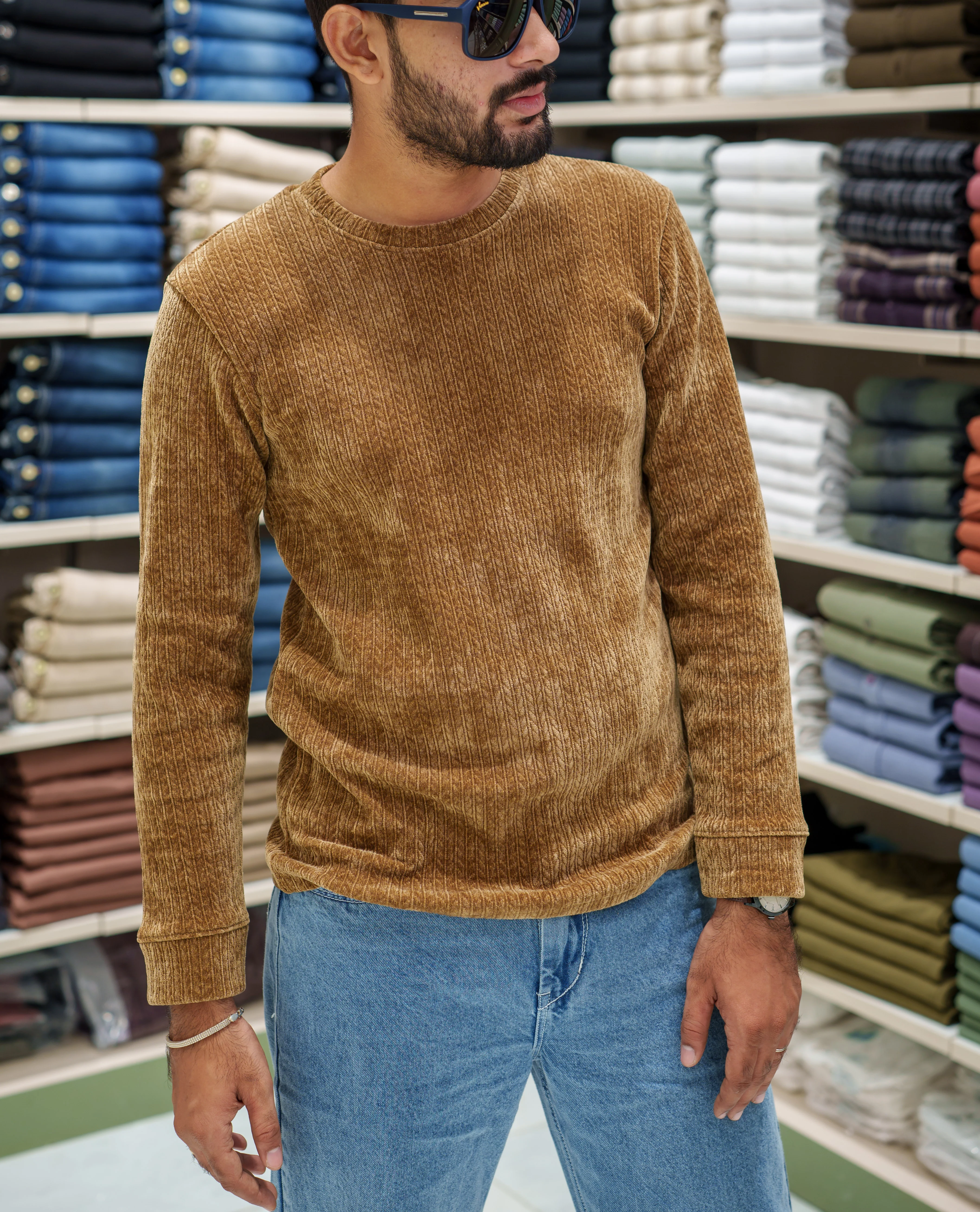 Brown Corduroy T-Shirt, Comes with Geometric Textures, a Crew-Neck, Full Sleeves, Slim Fit, and Regular Length - Image 4