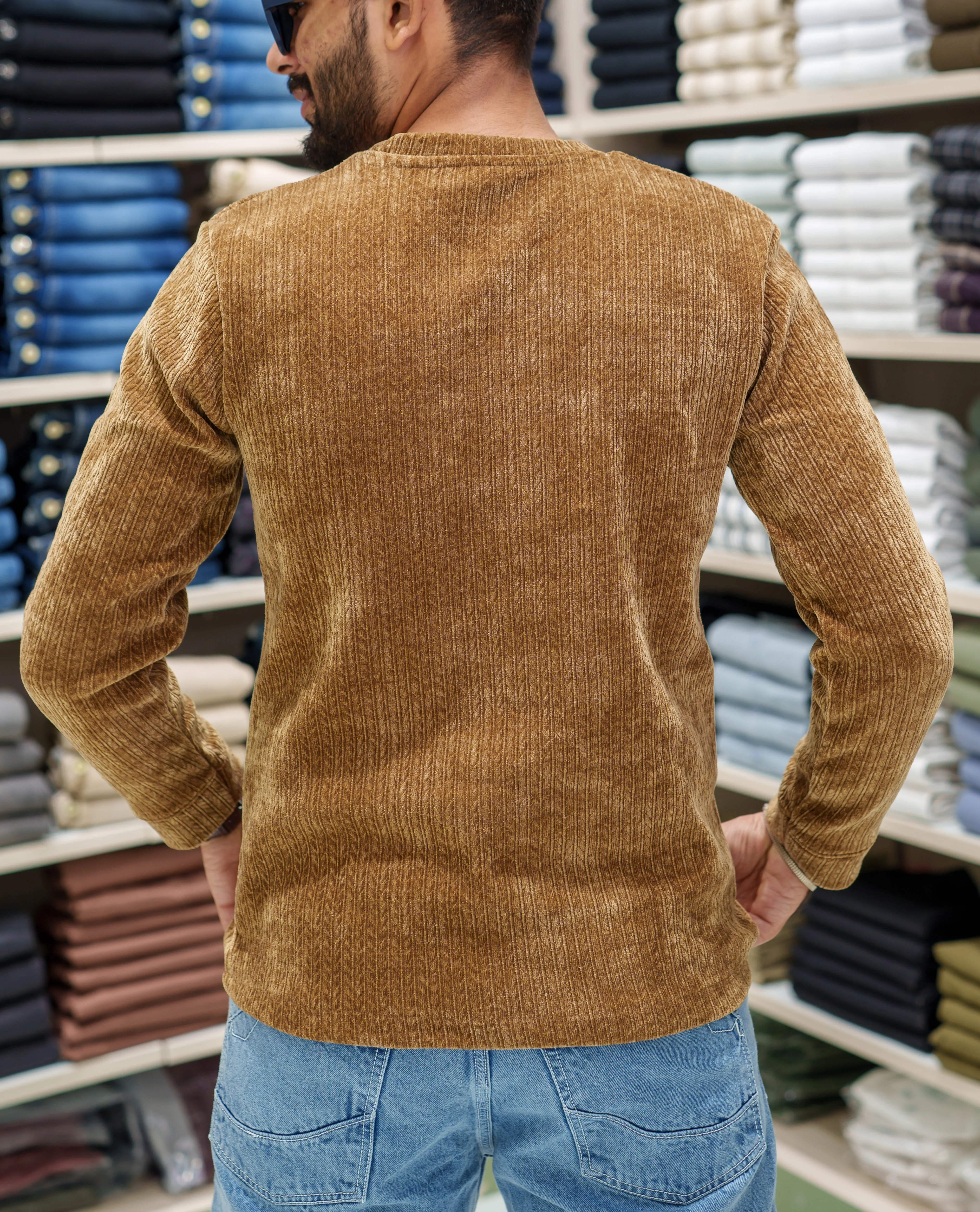 Brown Corduroy T-Shirt, Comes with Geometric Textures, a Crew-Neck, Full Sleeves, Slim Fit, and Regular Length - Image 5