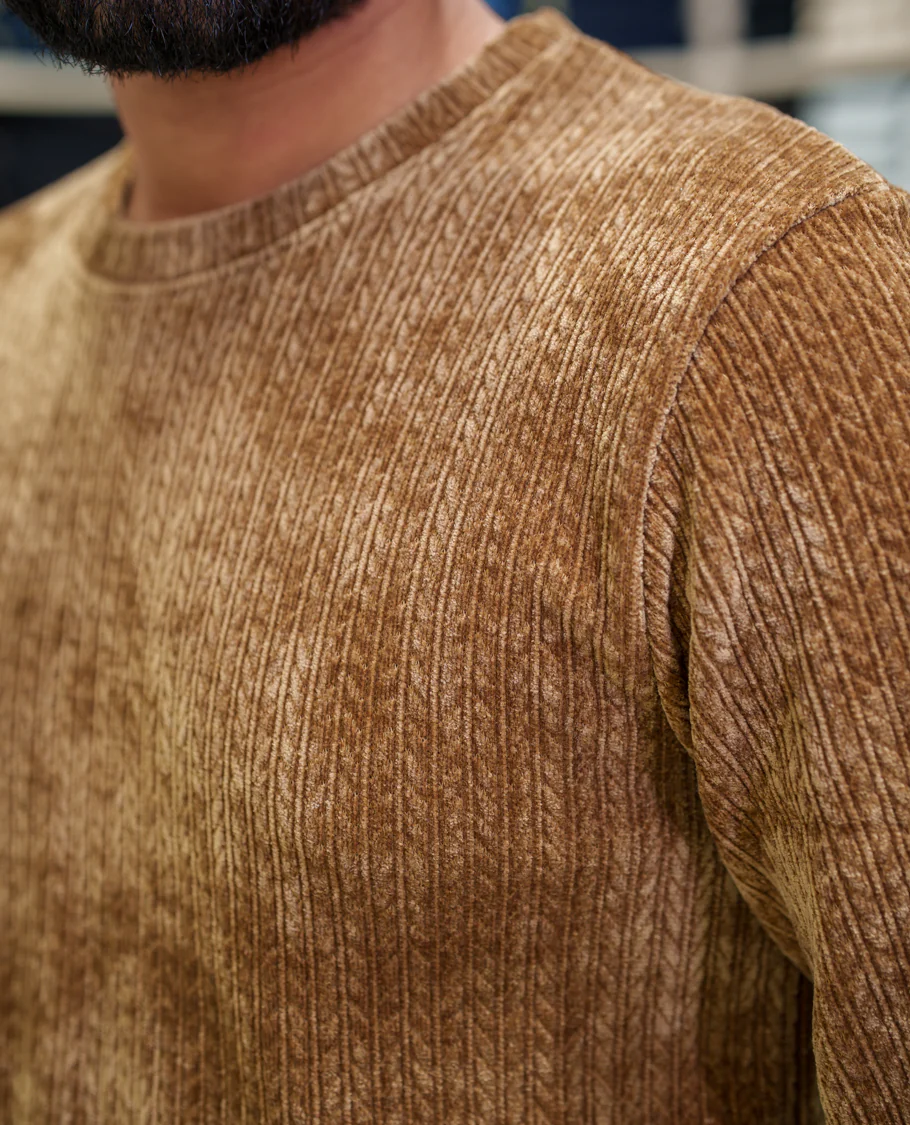 Brown Corduroy T-Shirt, Comes with Geometric Textures, a Crew-Neck, Full Sleeves, Slim Fit, and Regular Length - Image 6