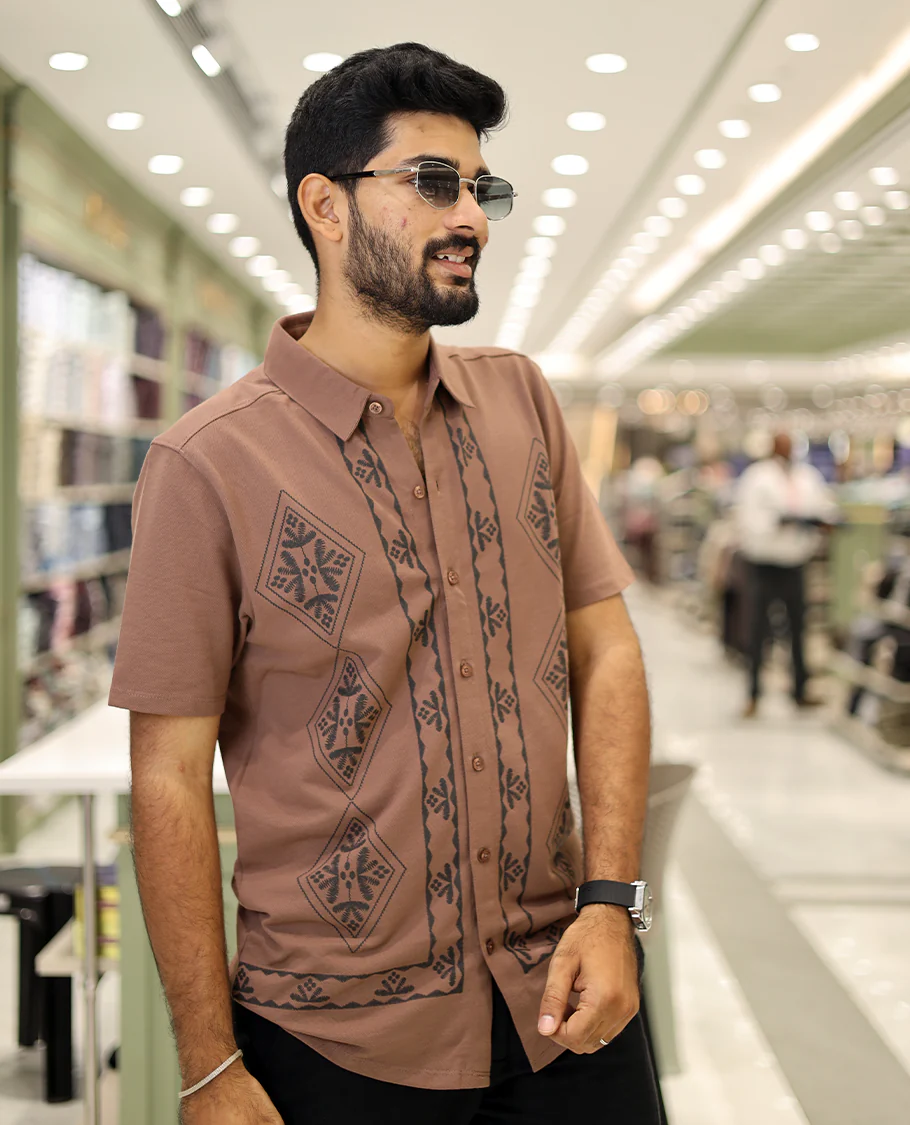 Brown Cotton-Blended Casual Shirt, Comes with a Geometric Print, Half-Sleeves, Spread Collar, Regular Fit, and Regular Length - Image 3