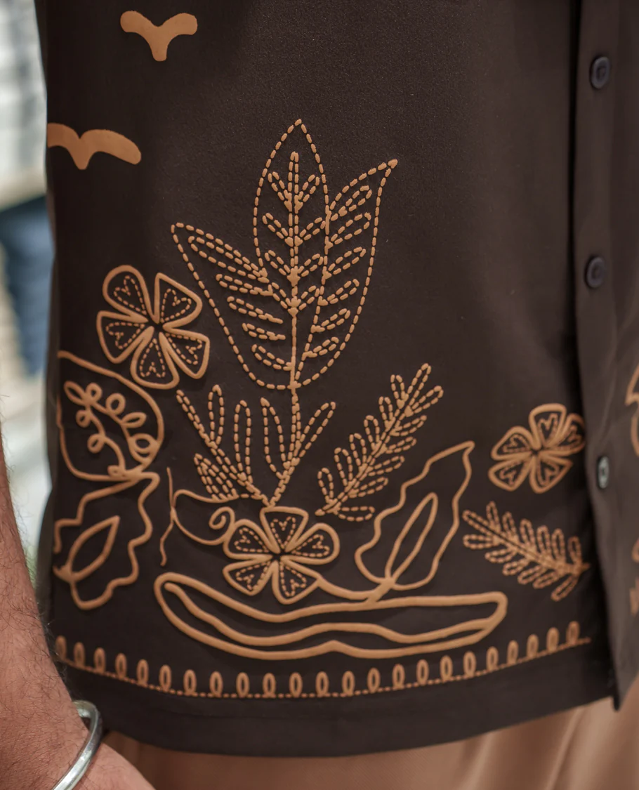 Brown Cotton-Blended Casual Shirt Comes with a Tropical Floral Embroidery, a Cuban Collar Neck, Half Sleeves, a Regular Fit, and Regular Length - Image 7