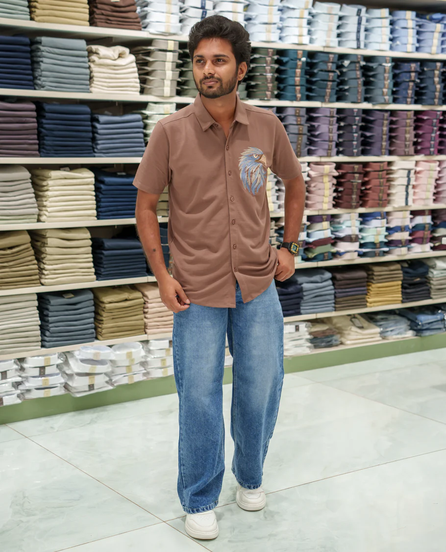 Brown Cotton-Blended Casual Shirt Comes with Eagle Motif Embroidery, Spread Collar, Half Sleeves, Regular Fit, and Regular Length - Image 2