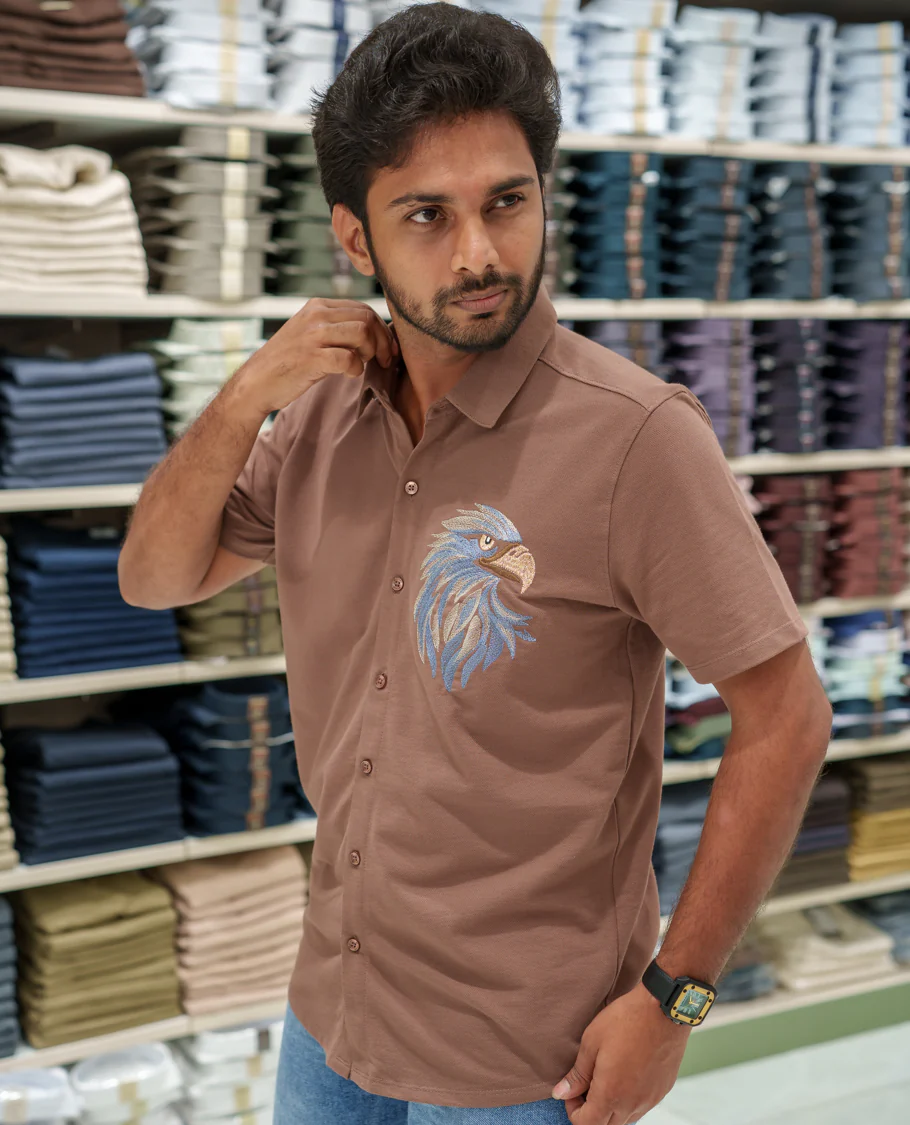 Brown Cotton-Blended Casual Shirt Comes with Eagle Motif Embroidery, Spread Collar, Half Sleeves, Regular Fit, and Regular Length - Image 3
