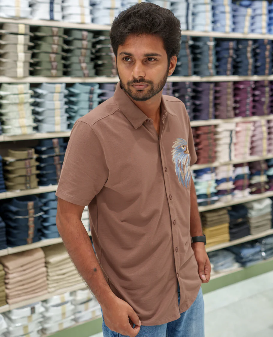 Brown Cotton-Blended Casual Shirt Comes with Eagle Motif Embroidery, Spread Collar, Half Sleeves, Regular Fit, and Regular Length - Image 4