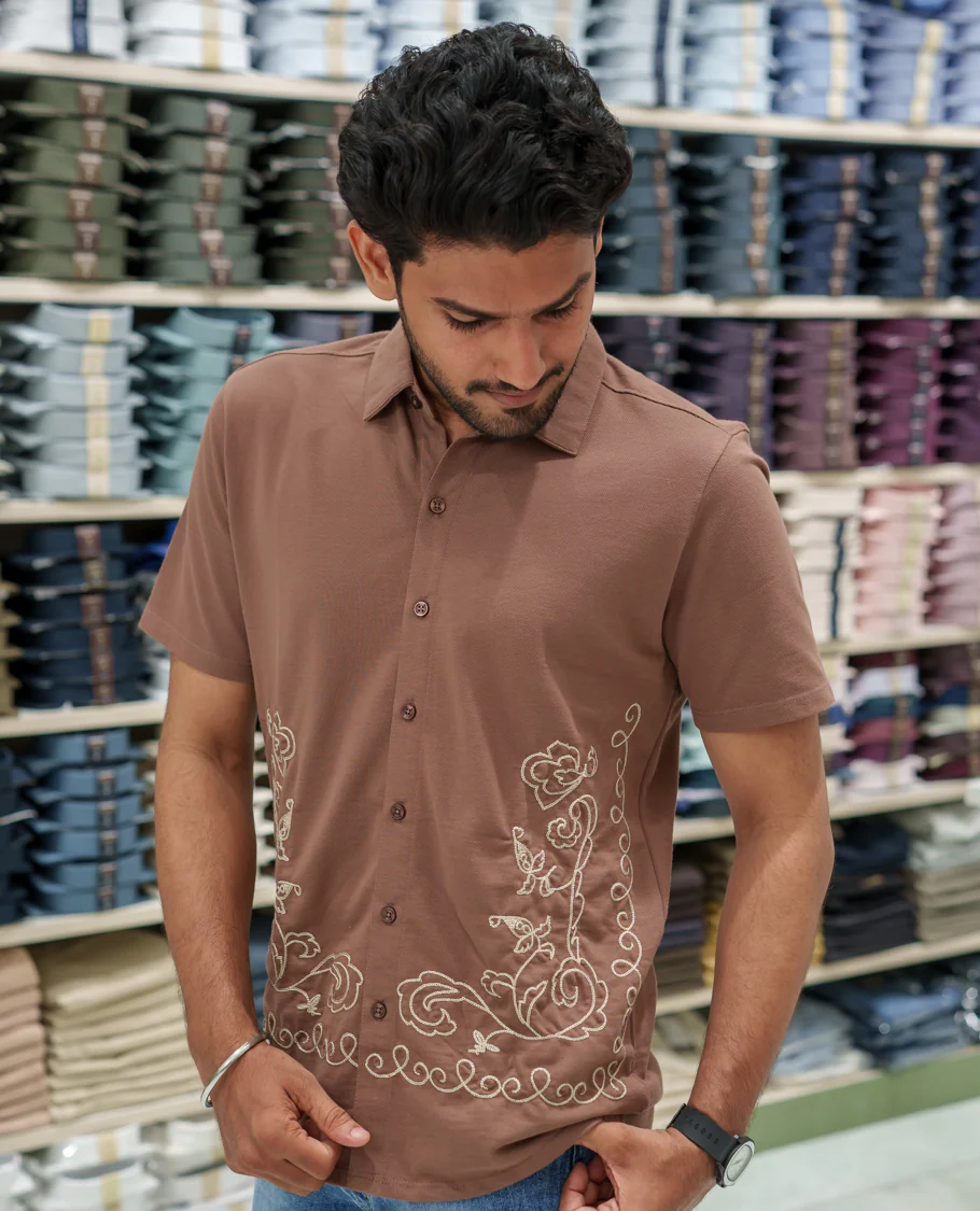 Brown Cotton-Blended Casual Shirt Comes with Floral-Themed Thread Embroidery, Spread Collar, Half Sleeves, Regular Fit, and Regular Length - Image 3