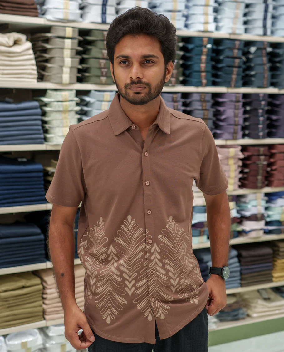 Brown Cotton-Blended Casual Shirt Comes with Tropical Floral Print, Spread Collar, Half Sleeves, Regular Fit, and Regular Length