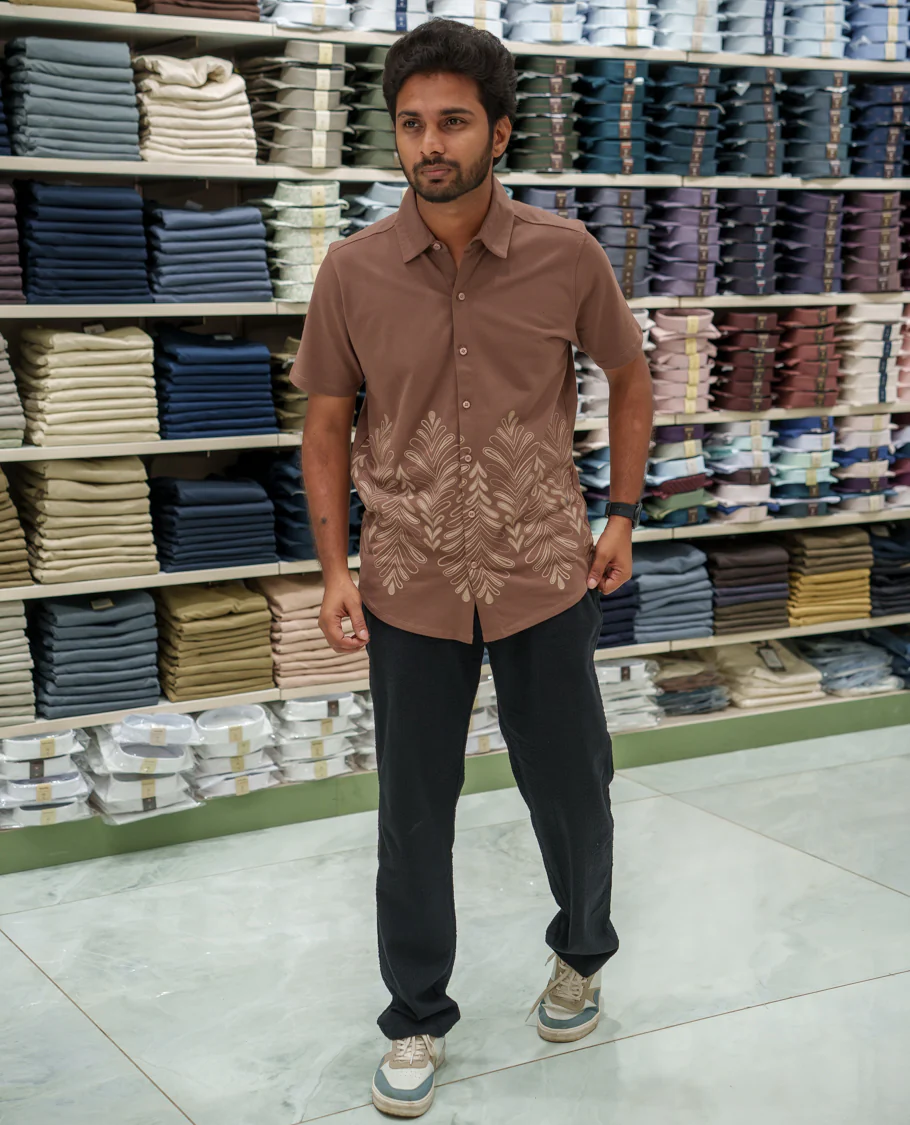 Brown Cotton-Blended Casual Shirt Comes with Tropical Floral Print, Spread Collar, Half Sleeves, Regular Fit, and Regular Length - Image 2