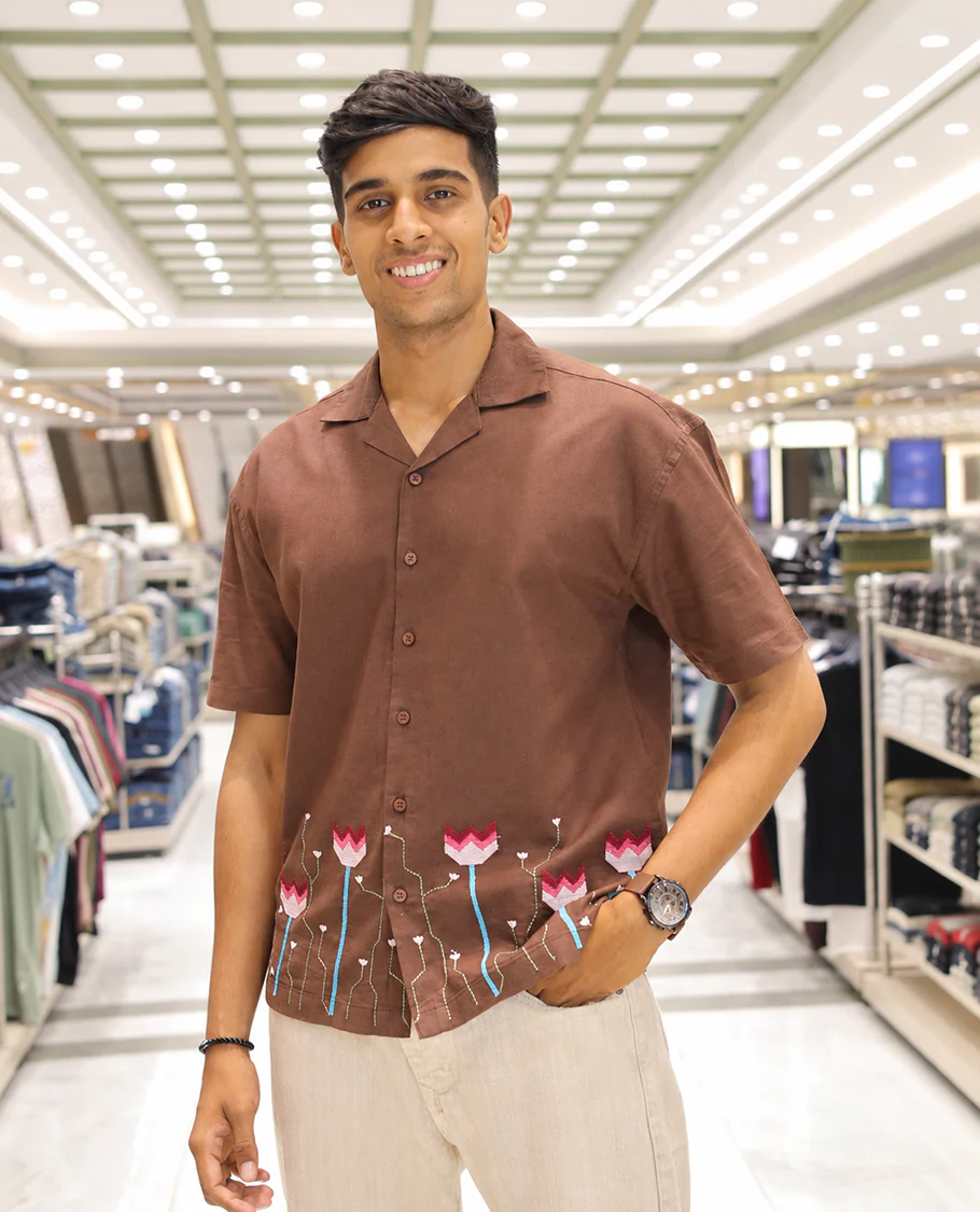 Brown Cotton Blended Casual Shirt, Detailed with Jamdani-style Flora-Theme Embroidery, Featuring a Cuban Collar, Full Sleeves, Regular Fit, and Regular Length - Image 2
