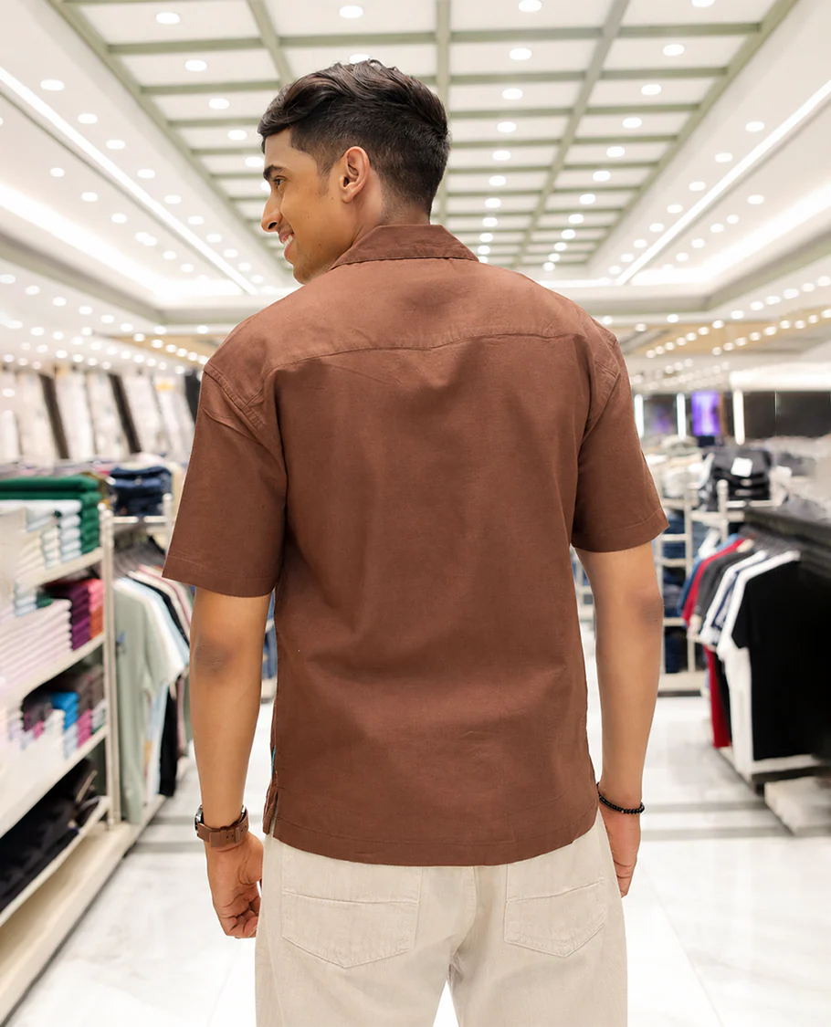 Brown Cotton Blended Casual Shirt, Detailed with Jamdani-style Flora-Theme Embroidery, Featuring a Cuban Collar, Full Sleeves, Regular Fit, and Regular Length - Image 4