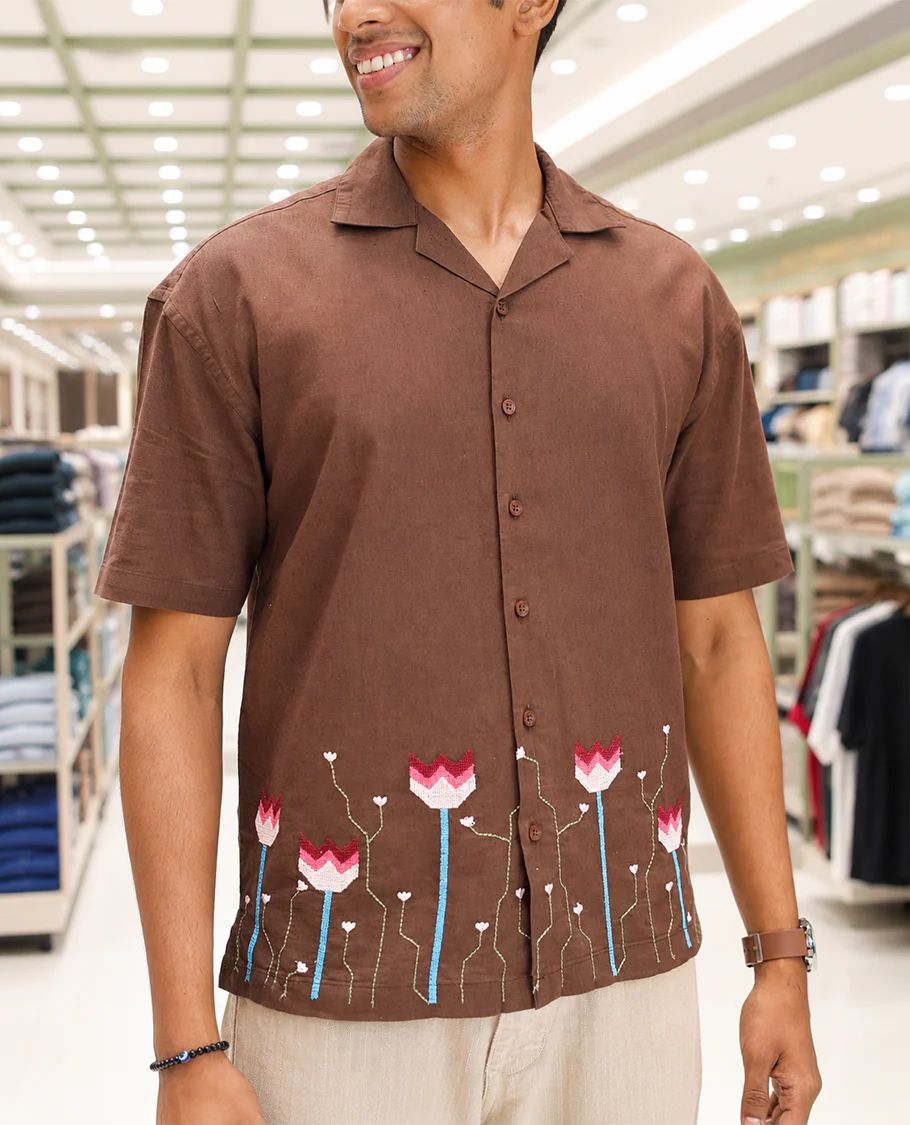 Brown Cotton Blended Casual Shirt, Detailed with Jamdani-style Flora-Theme Embroidery, Featuring a Cuban Collar, Full Sleeves, Regular Fit, and Regular Length - Image 5