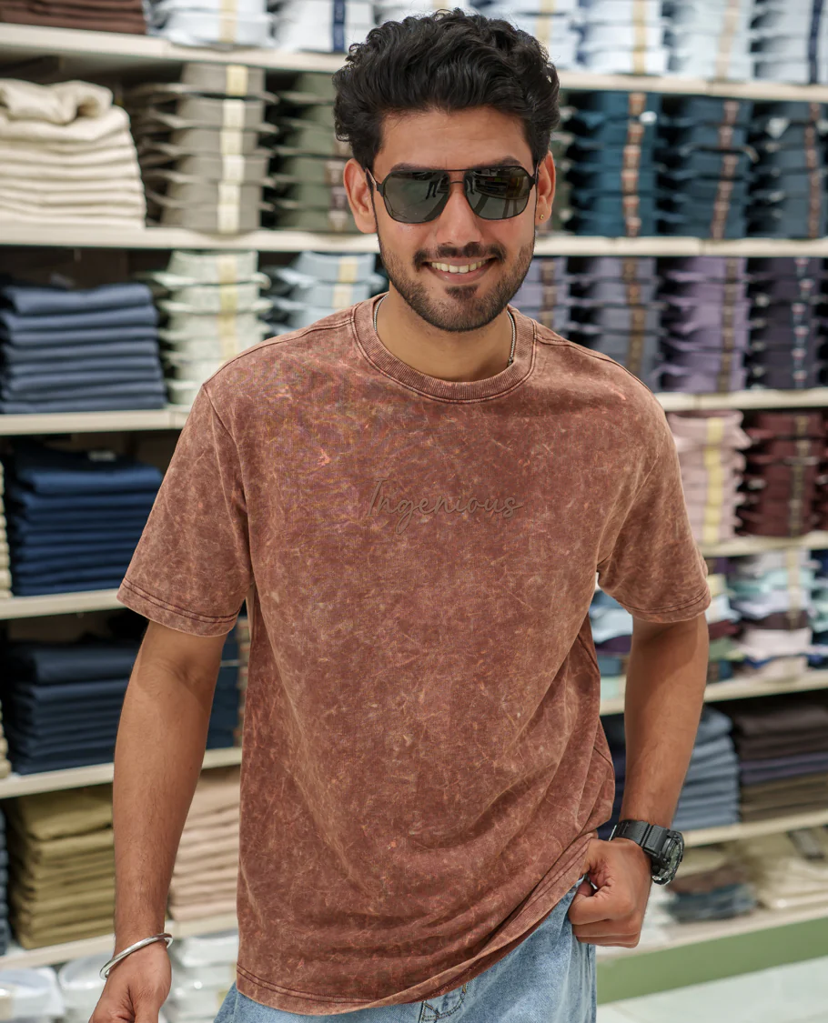 Brown Cotton-Blended Lava-Wash T-Shirt Comes with a Typographic Print, Crew Neck, Half Sleeves, Oversized Fit, and Regular Length