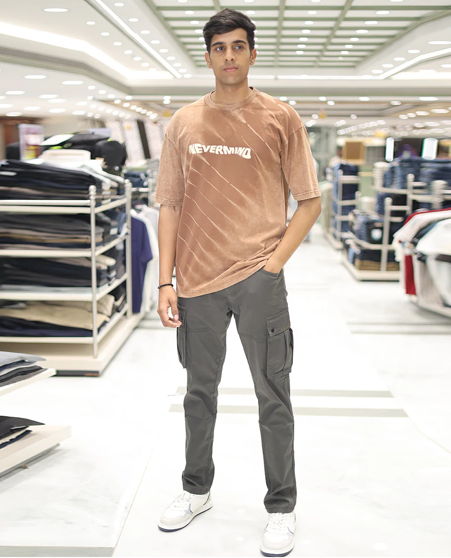 Brown Cotton-Blended T-Shirt, Adorned with Typography Print, Comes with a Crew Neck, Half-Sleeves, Oversized Fit, and Long Length - Image 4