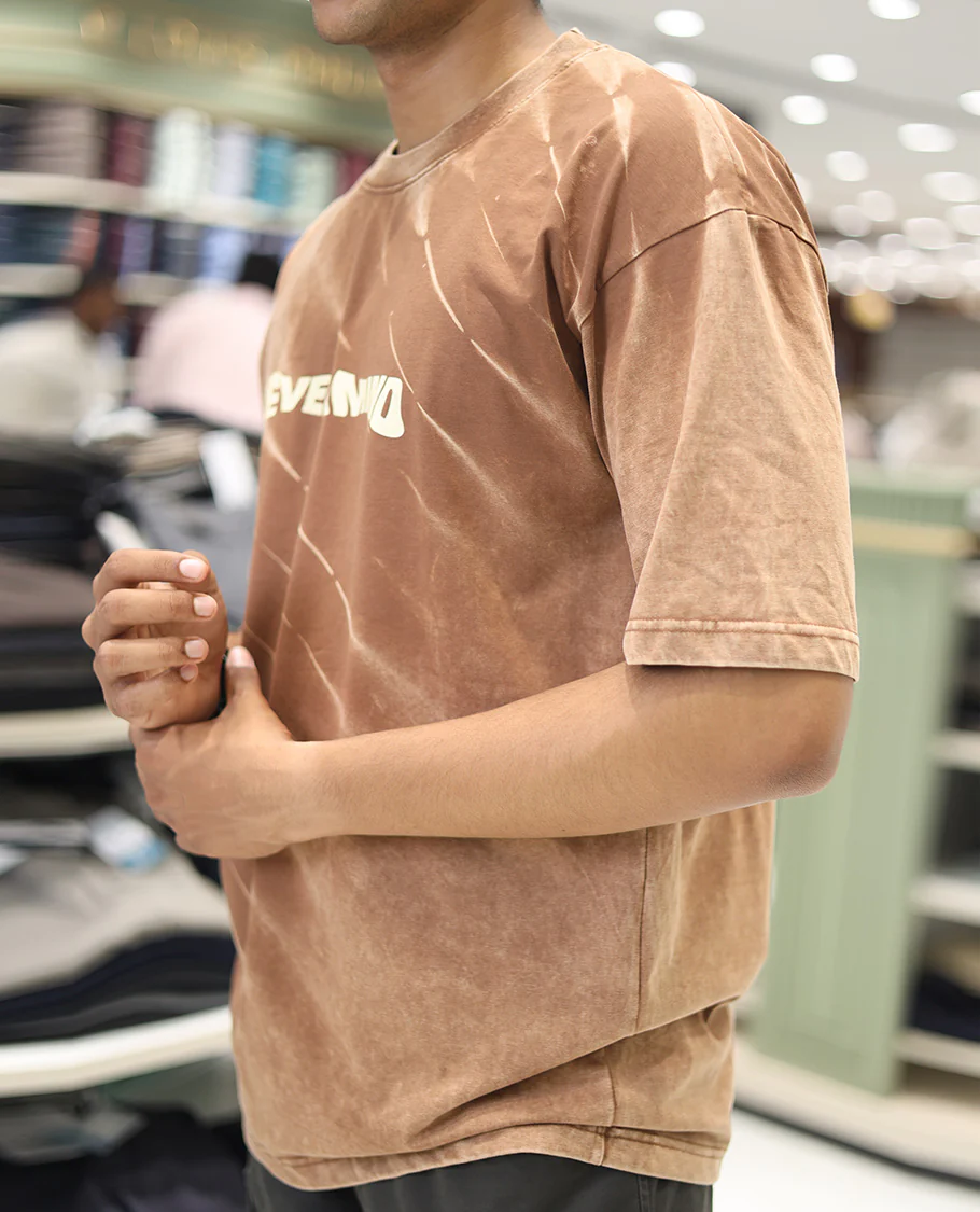 Brown Cotton-Blended T-Shirt, Adorned with Typography Print, Comes with a Crew Neck, Half-Sleeves, Oversized Fit, and Long Length - Image 5