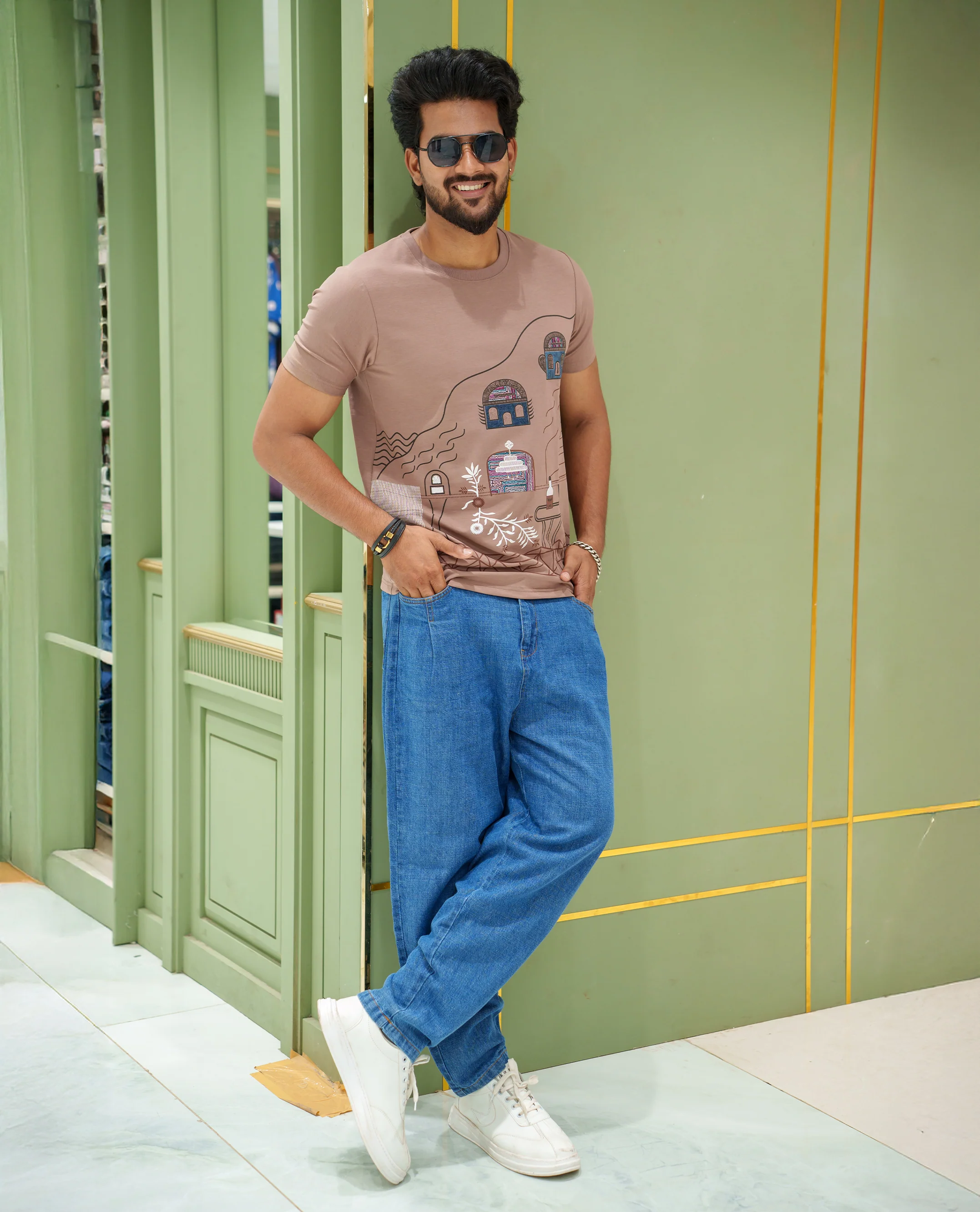 Brown Cotton-Blended T-Shirt, Comes with a Unique-Theme Print, a Crew Neck, Half Sleeves, Slim Fit, and Regular Length - Image 2