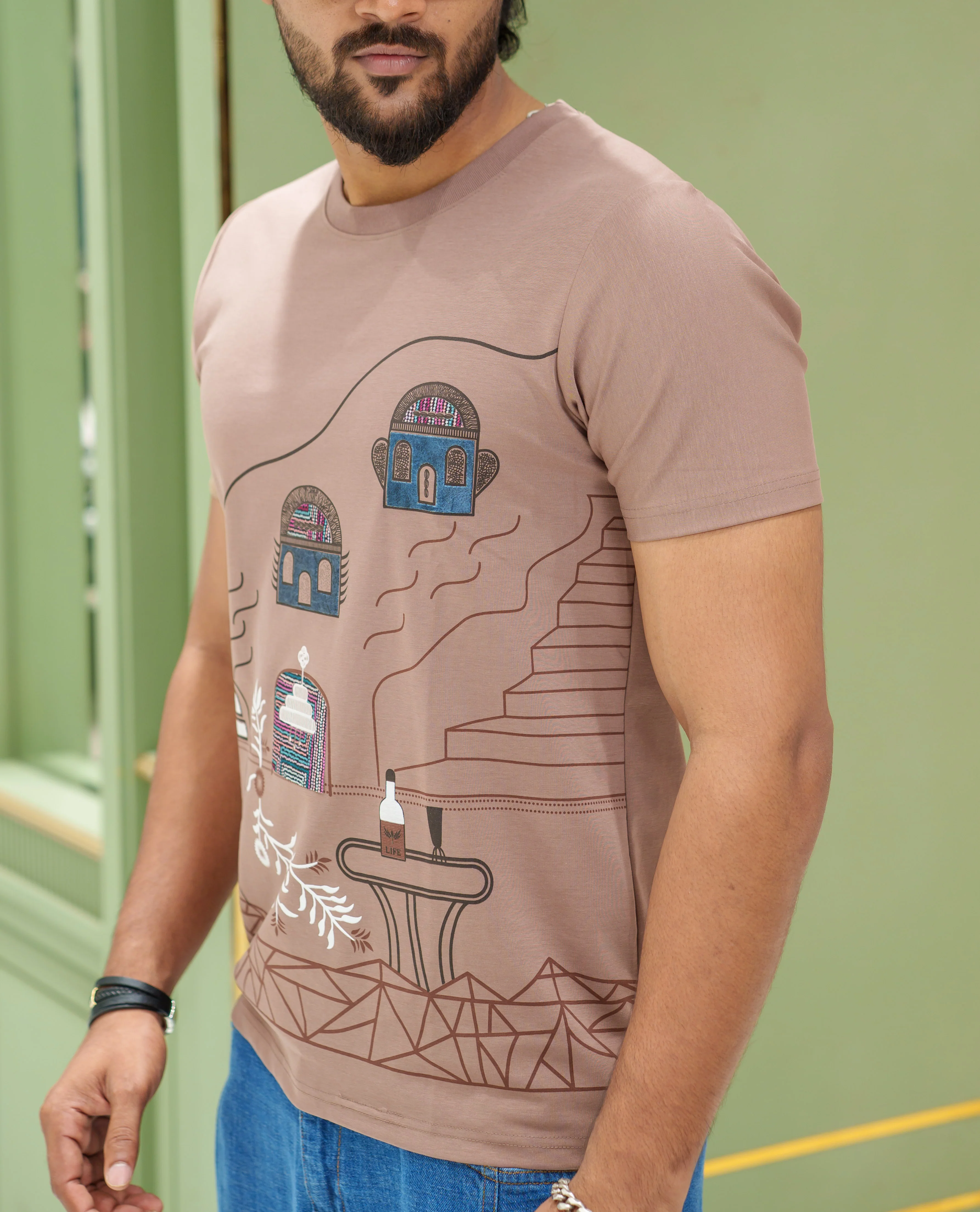 Brown Cotton-Blended T-Shirt, Comes with a Unique-Theme Print, a Crew Neck, Half Sleeves, Slim Fit, and Regular Length - Image 3