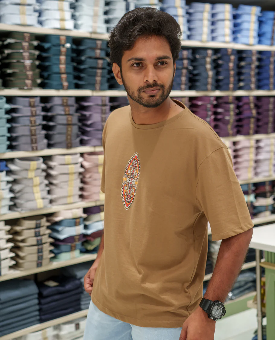 Brown Cotton-Blended T-Shirt Comes with an Evil-Themed Back Print, Crew Neck, Half Sleeves, Oversized Fit, and Regular Length - Image 4