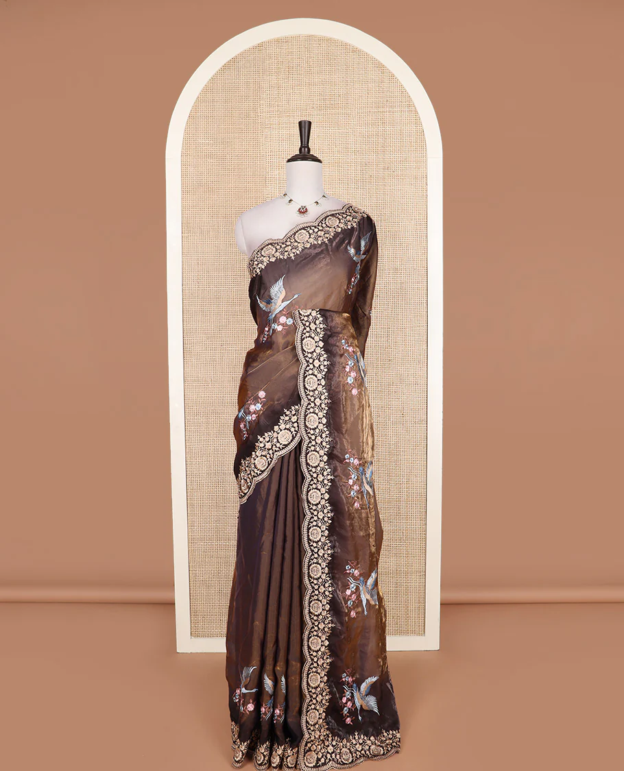 Brown crane and floral motifs thread embroidered designer saree, scallop floral thread embroidered border, and embroidered pallu - Image 2