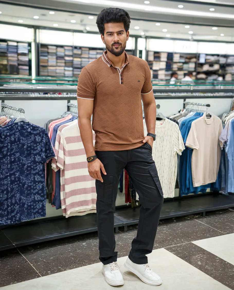 Brown Diamond-Textured Cotton-Blended T-Shirt Comes with Half-Sleeves, Polo Collar, a Slim Fit, and Regular Length - Image 2