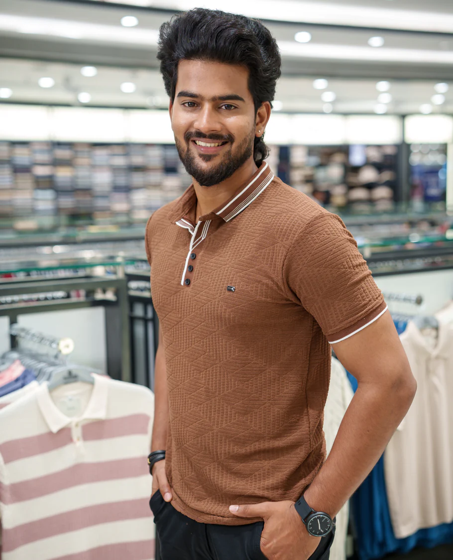 Brown Diamond-Textured Cotton-Blended T-Shirt Comes with Half-Sleeves, Polo Collar, a Slim Fit, and Regular Length - Image 3