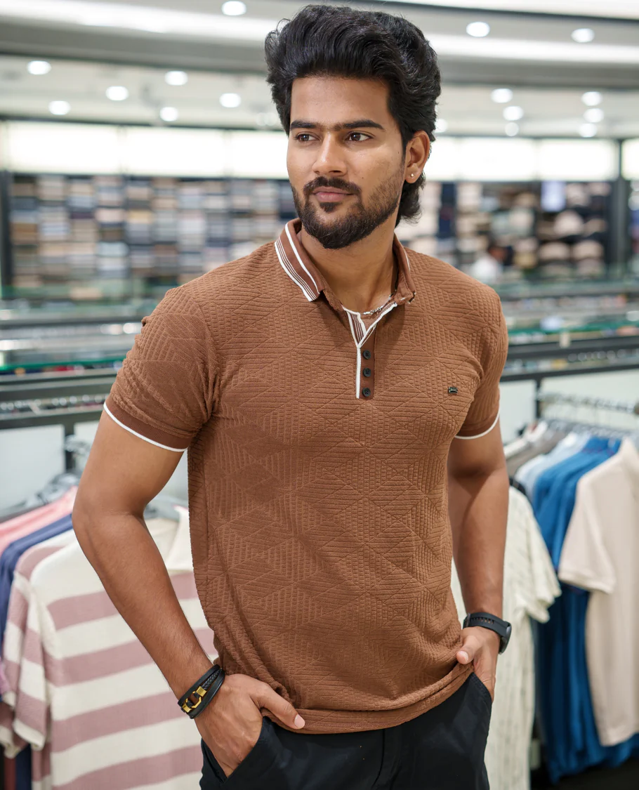 Brown Diamond-Textured Cotton-Blended T-Shirt Comes with Half-Sleeves, Polo Collar, a Slim Fit, and Regular Length - Image 4