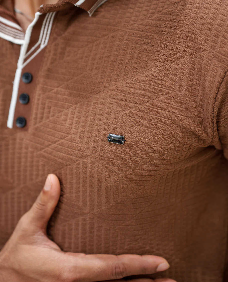 Brown Diamond-Textured Cotton-Blended T-Shirt Comes with Half-Sleeves, Polo Collar, a Slim Fit, and Regular Length - Image 6