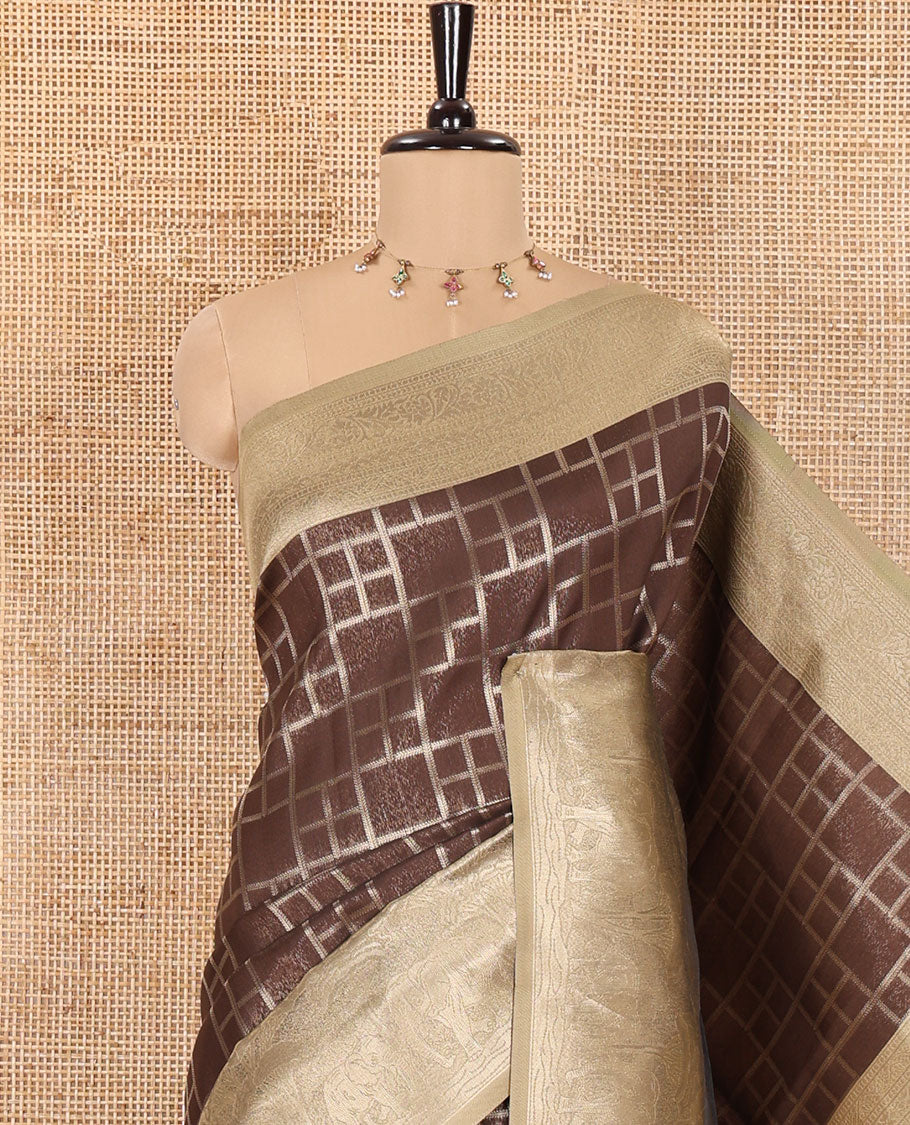 Brown Elite Soft Silk Saree, Highlighted by Checked Design on Its Body, Complemented by a Contrast Border of Jungle-Themed Flora-Fauna Motifs, a Pallu of Checked Design, and Paired with a Contrast Blouse - Image 2