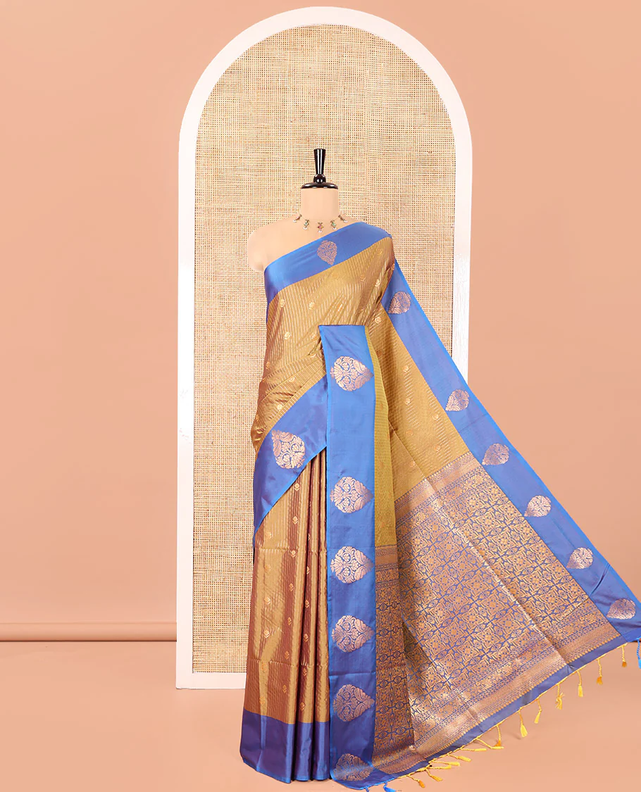 Brown Fancy Soft Silk Saree, Woven with Zari Buttas and Zari Stripes, Complemented by a Contrast Border of Zari Designs, Intricately Designed Pallu, and Paired with a Contrast Blouse
