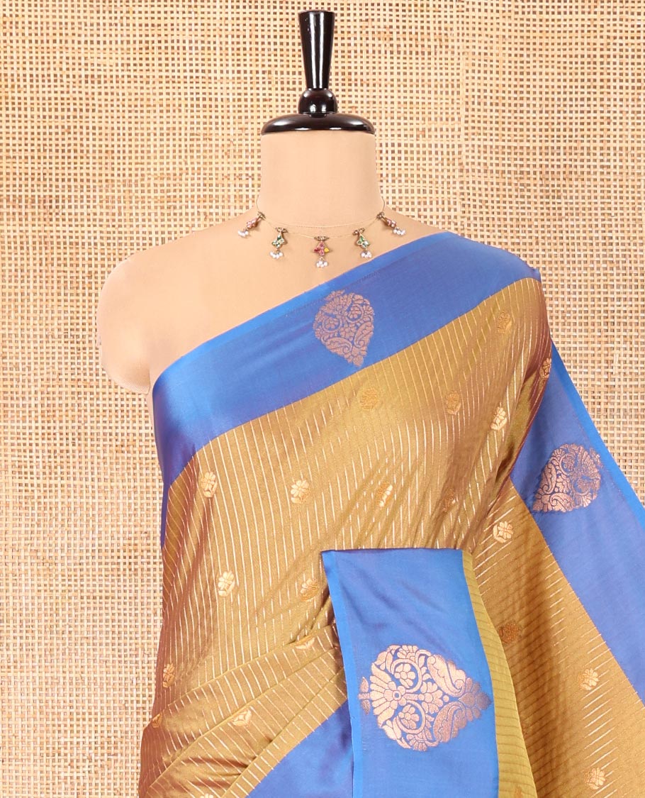 Brown Fancy Soft Silk Saree, Woven with Zari Buttas and Zari Stripes, Complemented by a Contrast Border of Zari Designs, Intricately Designed Pallu, and Paired with a Contrast Blouse - Image 2