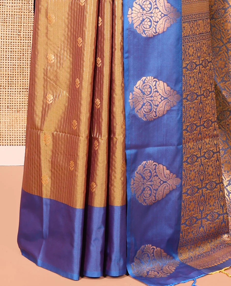 Brown Fancy Soft Silk Saree, Woven with Zari Buttas and Zari Stripes, Complemented by a Contrast Border of Zari Designs, Intricately Designed Pallu, and Paired with a Contrast Blouse - Image 3