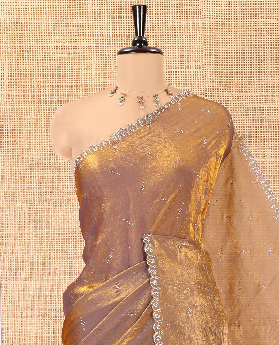 Brown Fendy Chiffon Saree, Highlighted by Swarovski Stone Work All Over the Body, Gleaming Swarovski Stone Work Border, a Self-Pallu, and Paired with a Fancy Designer Blouse - Image 2