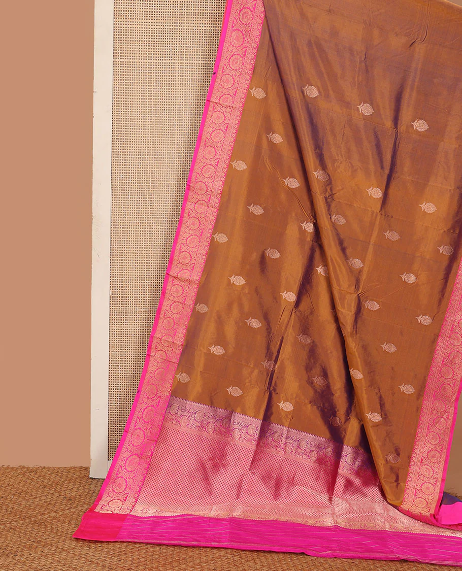 Brown floral buttas katan silk saree, contrast traditional floral creeper border, and jaal pallu - Image 2