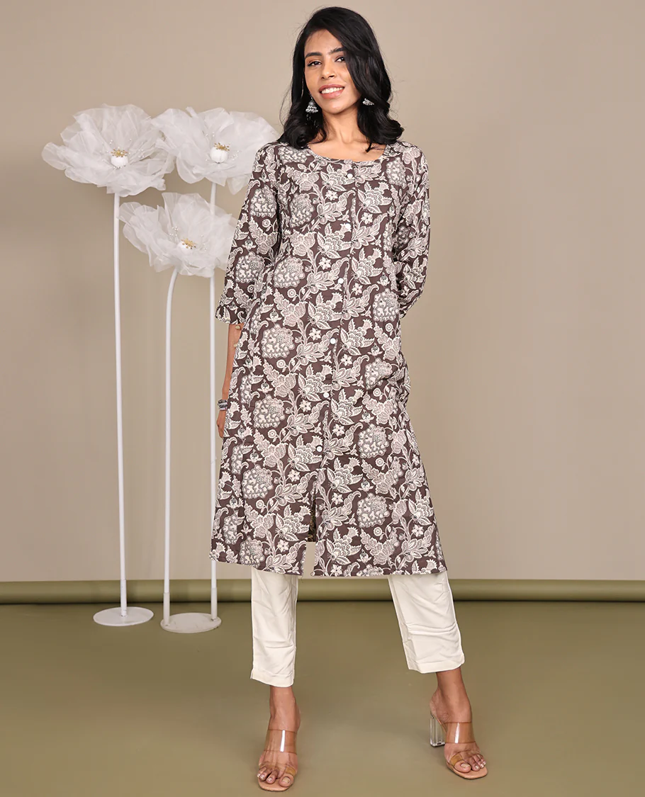 Brown Floral Printed Below-Knee-Length Cotton Kurti, Adorned with Round Neckline, 3/4 Sleeves, and A-Line Length - Image 3