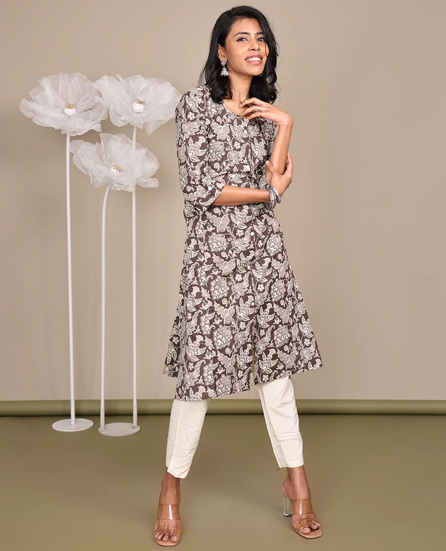 Brown Floral Printed Below-Knee-Length Cotton Kurti, Adorned with Round Neckline, 3/4 Sleeves, and A-Line Length - Image 5
