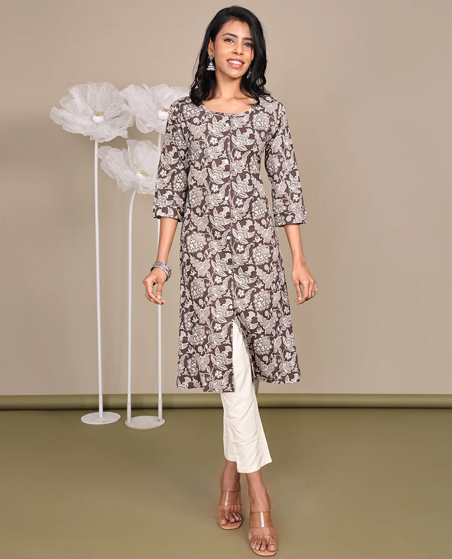 Brown Floral Printed Below-Knee-Length Cotton Kurti, Adorned with Round Neckline, 3/4 Sleeves, and A-Line Length - Image 7