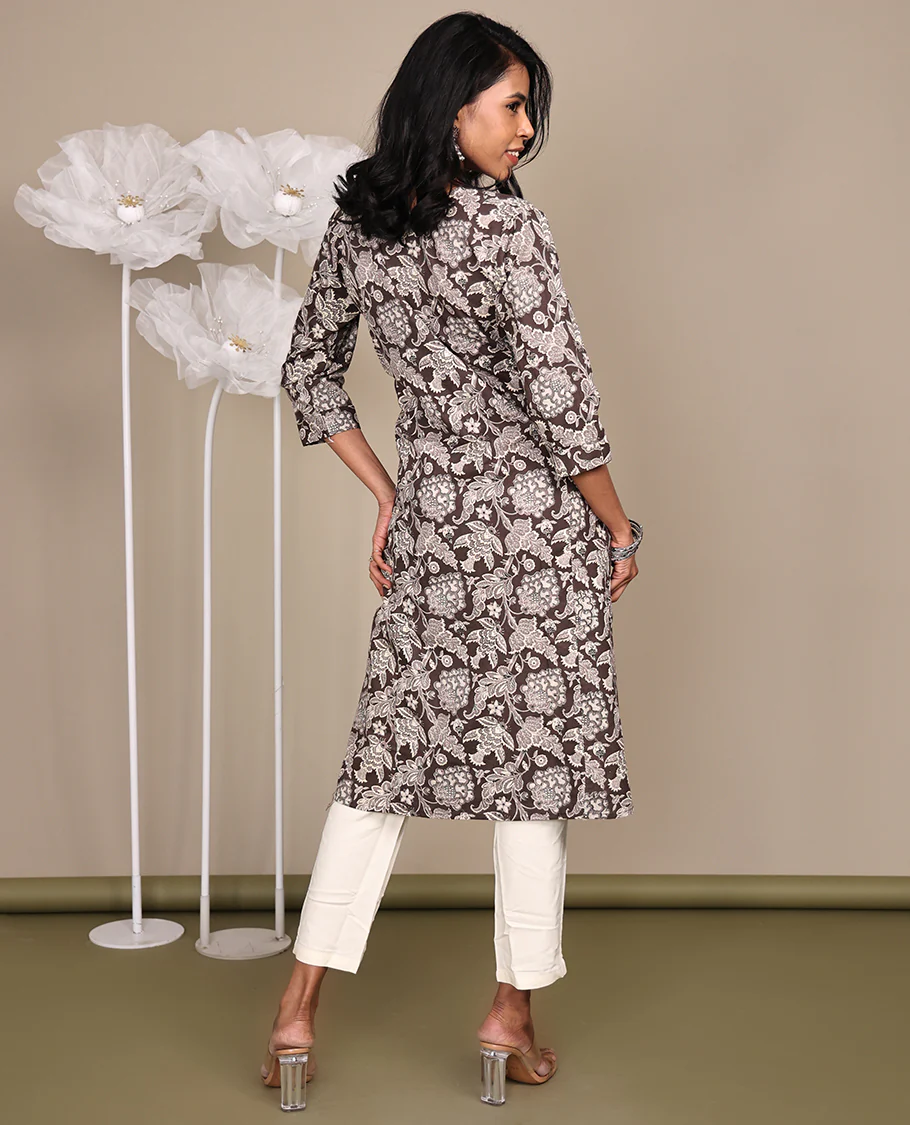 Brown Floral Printed Below-Knee-Length Cotton Kurti, Adorned with Round Neckline, 3/4 Sleeves, and A-Line Length - Image 8