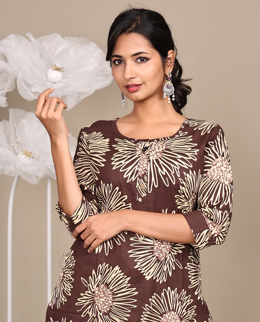 Brown Floral Printed Below-Knee-Length Cotton Kurti, Featuring a Round Neckline, 3/4 Sleeves, and a Straight-Cut Length - Image 3