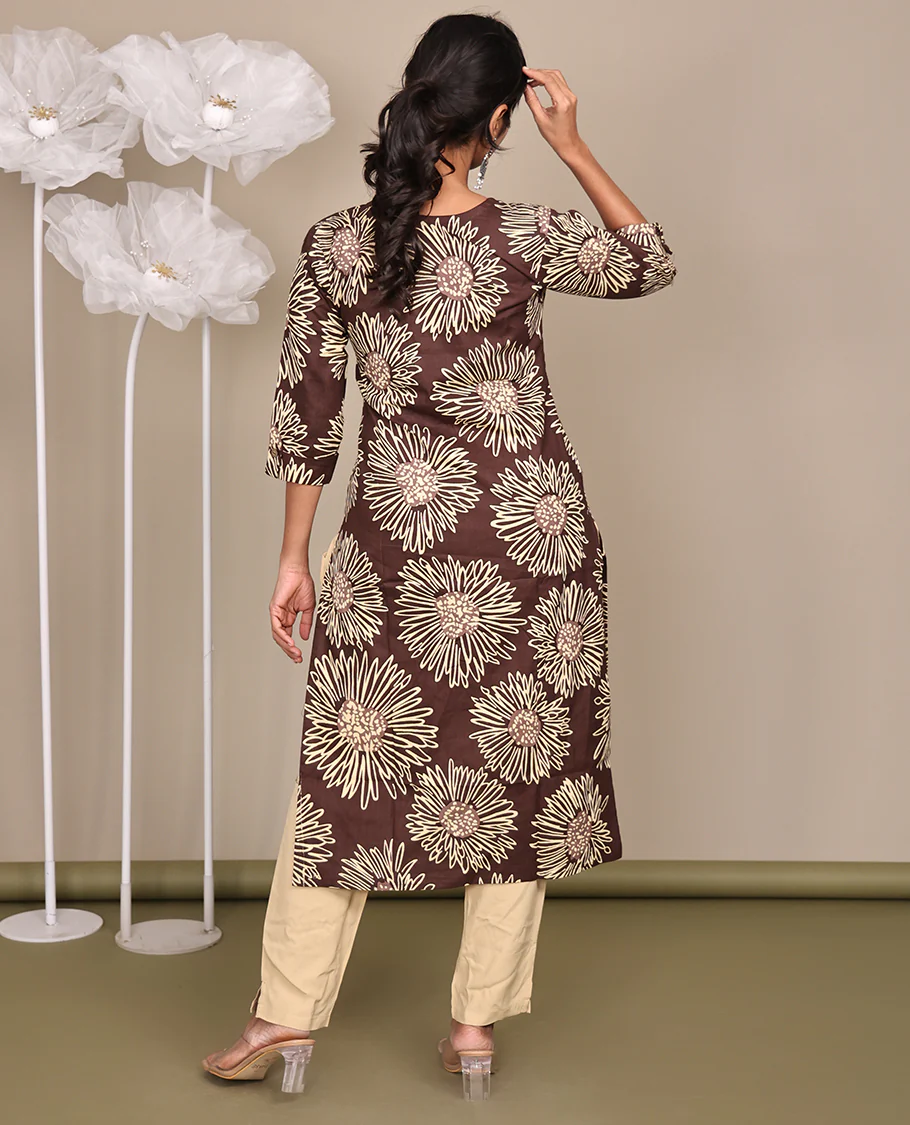 Brown Floral Printed Below-Knee-Length Cotton Kurti, Featuring a Round Neckline, 3/4 Sleeves, and a Straight-Cut Length - Image 6