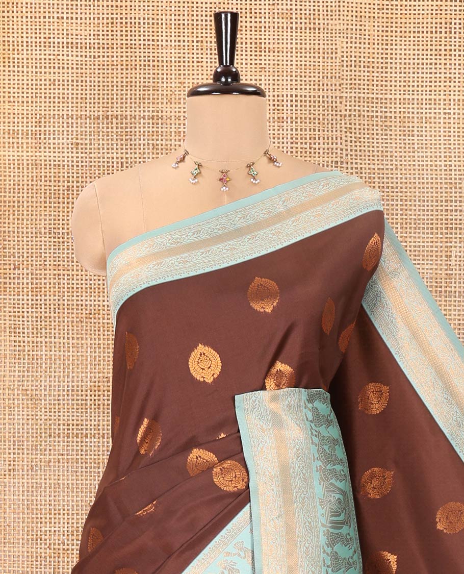 Brown-Green Kanchi Silk Saree, Accentuated with Zari Buttas All Over Its Body, Complemented by Contrast Traditional Zari Border of Wedding Theme Motifs, Grand Pallu and Paired with a Contrast Blouse - Image 2