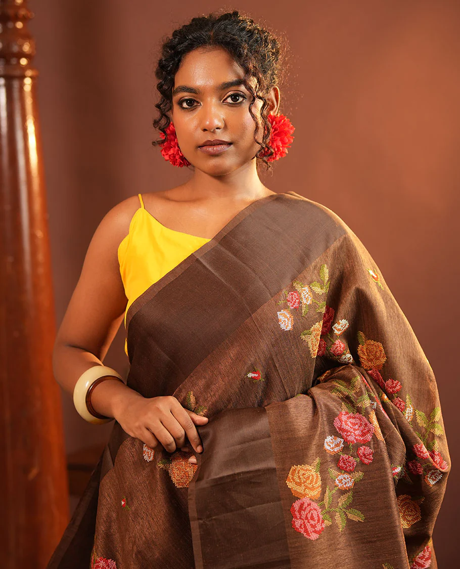 Brown Green-Silk Saree, Colorfully Highlighted with Rose Motifs Cross Stitch Embroidery on Its Body, Subtly Sparkled by a Plain Border, Pallu of Rose Cross Stitch Embroidery, and Paired with a Contrast Blouse - Image 2