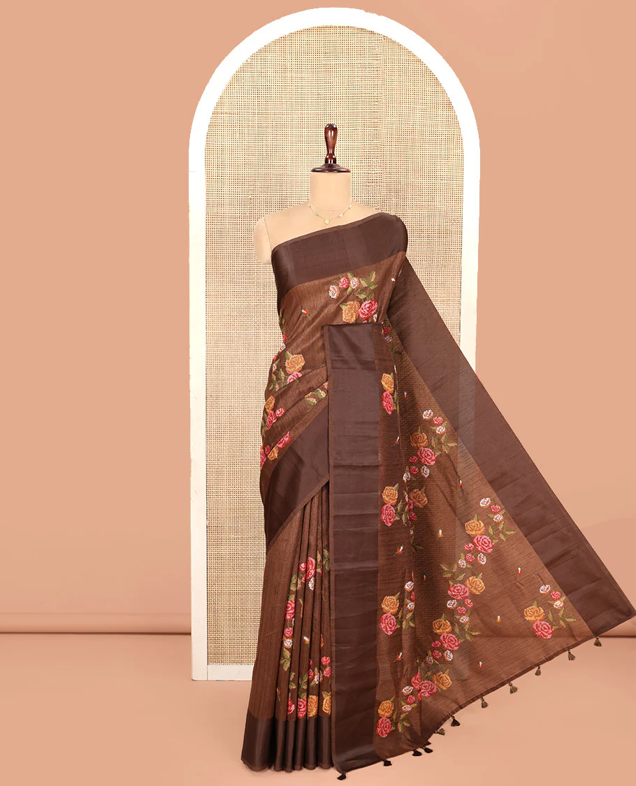 Brown Green-Silk Saree, Colorfully Highlighted with Rose Motifs Cross Stitch Embroidery on Its Body, Subtly Sparkled by a Plain Border, Pallu of Rose Cross Stitch Embroidery, and Paired with a Contrast Blouse - Image 3