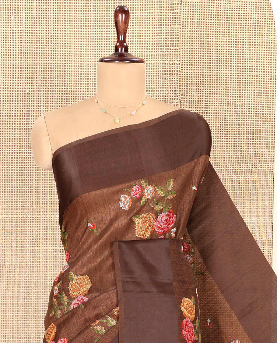 Brown Green-Silk Saree, Colorfully Highlighted with Rose Motifs Cross Stitch Embroidery on Its Body, Subtly Sparkled by a Plain Border, Pallu of Rose Cross Stitch Embroidery, and Paired with a Contrast Blouse - Image 4