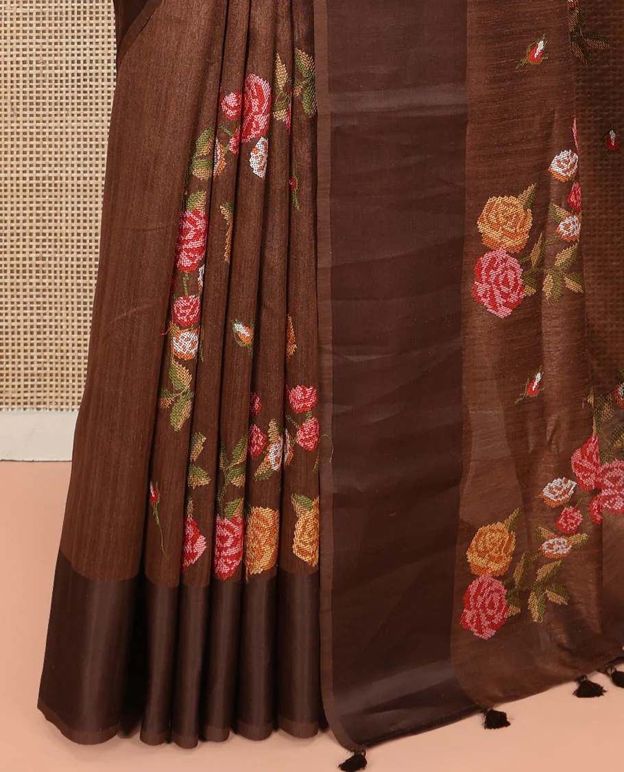 Brown Green-Silk Saree, Colorfully Highlighted with Rose Motifs Cross Stitch Embroidery on Its Body, Subtly Sparkled by a Plain Border, Pallu of Rose Cross Stitch Embroidery, and Paired with a Contrast Blouse - Image 5